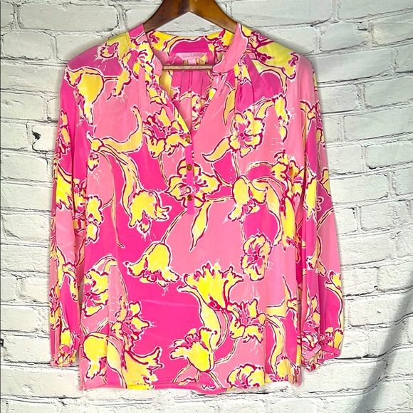 Lilly Pulitzer Tops - Lilly Pulitzer Pink & Yellow Long Sleeve Silk Top Size Small Excellent Condition